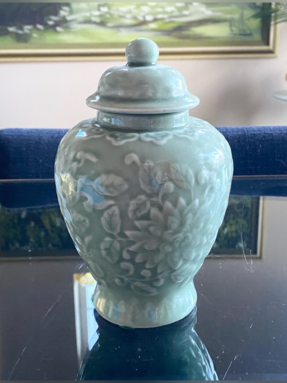 Andrea by Sadek Celadon Green Ginger Jar Floral Embossed Porcelain Urn Lid